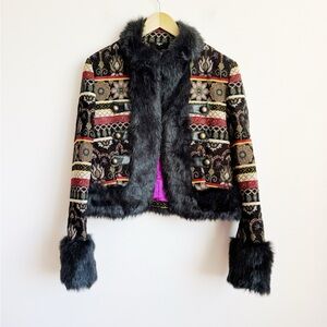 Cropped Military Style Tapestry Jacket with Black Faux Fur Trim